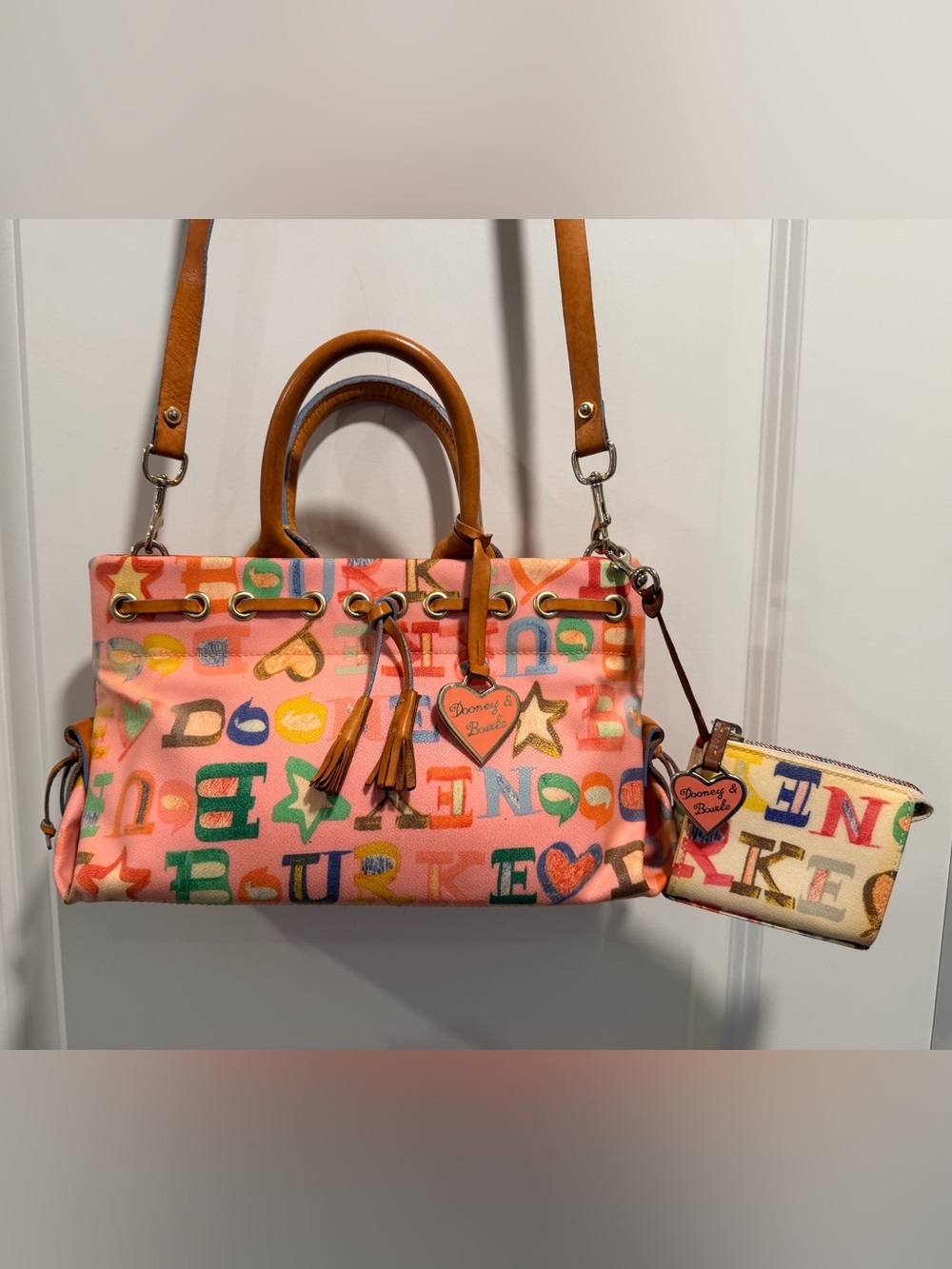 Vintage Y2K Dooney & Bourke Pink Alphabet Doodle Drawstring Satchel Set